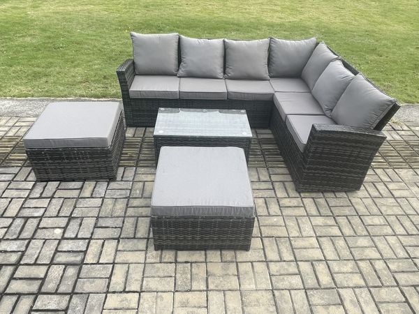 Fimous Gartenmöbel-Set aus Rattan Hoher Rücken Rattan Ecksofa Set mit Rechteckiger Couchtisch 2 Großer Hockern
