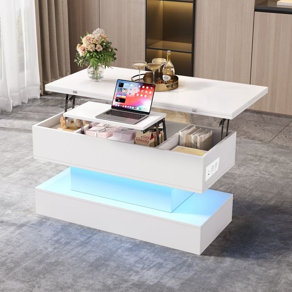 Couchtisch 100x50 x H 51,5 cm, auf 100x100 cm erweiterbar, mit Hubfunktion, Stauraum, LED und Steckdose