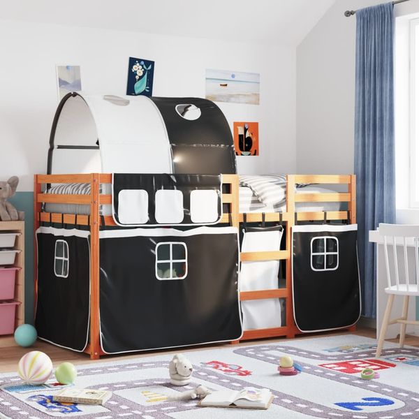 vidaXL Etagenbett mit Vorhängen Weiß Schwarz 90x200 cm Kiefernholz 3284036
