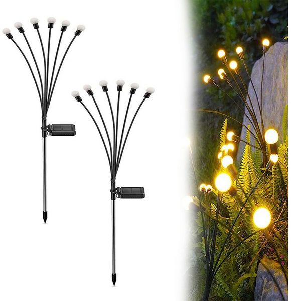 MUPOO LED Gartenleuchte LED-Lichterkette Leuchten Solarbetriebene Glühwürmchen IP65, 2 Stück, 6 LED-Leuchten, Solar Glühwürmchen Warmweißes/RGB,Garten Deko Glühwürmchen,6/8/10Köpfe