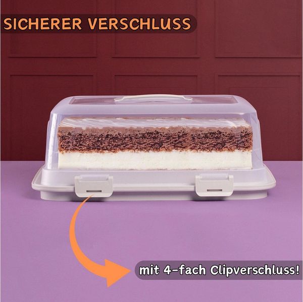 Engelland Kuchentransportbox mit Griff, Deckel und 4-fach Klick-Verschluss, rechteckig, Kunststoff, (L 44 x B 35 x H 17,50 cm, BPA-frei), spülmaschinengeeignet, lebensmittelecht, Stückeinteilungshilfe
