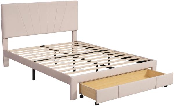 Merax Polsterbett 140x200 aus Samt Doppelbett Funktionsbett mit Höhenverstellbares Kopfteil & 1 Schublade & Lattenrost Beige