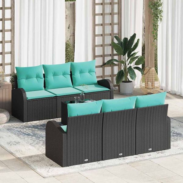 vidaXL Gartensofa-set mit Kissen 7 pcs Schwarz und Türkis Poly-Rattan 3354605