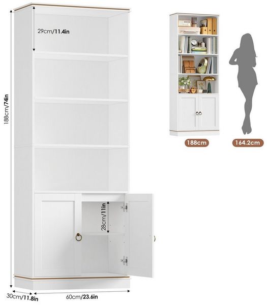 HOMECHO Bücherregal, 1-tlg, 188 cm Hoch Bücherschrank mit 7 Ebenen, 188×60×30 cm, Weiß