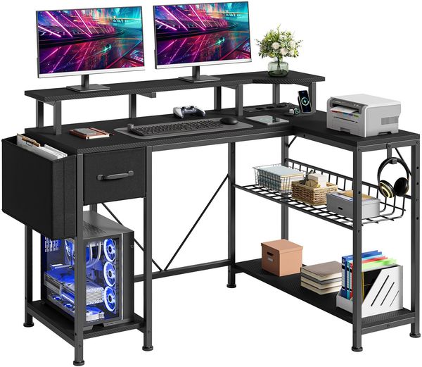 YITAHOME Gaming Tisch mit Steckdosen & LED-Lichter, L Form Computer Schreibtisch mit Monitorständer, Eckschreibtisch mit Schubladen & Regalen, Computertisch für Home Office, 120 x 50 x 92 cm, Schwarz