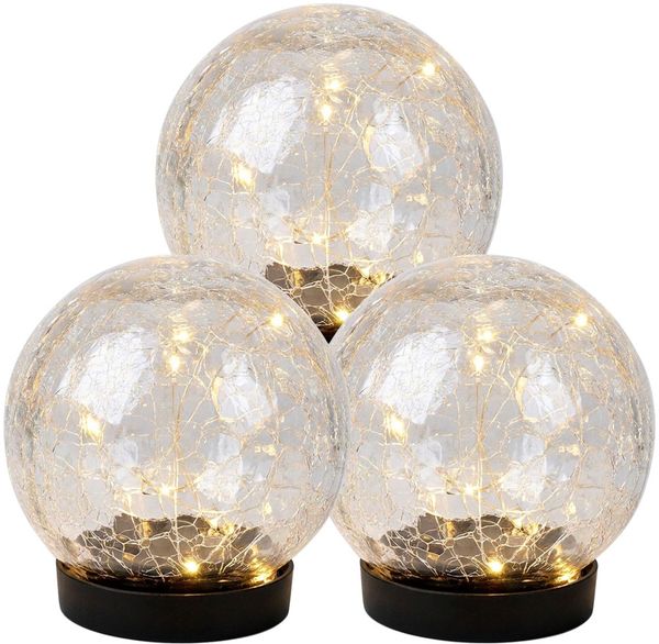 3x LED Solarleuchte, Kugel, Bruchglasoptik, Glas, IP44, Akku, D 12 cm