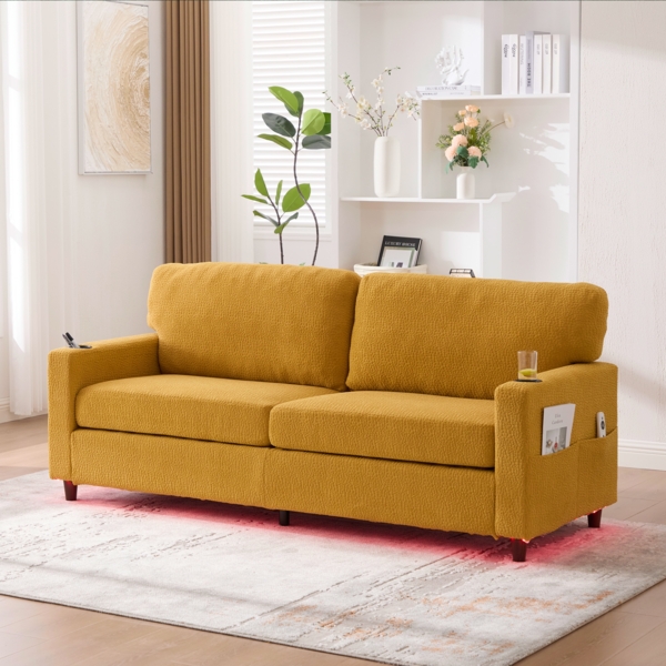 Zweisitzer Chenille-Sofa 203x77,5x86 cm – USB-C, LED-Ambiente und Getränkehalter in Senfgelb