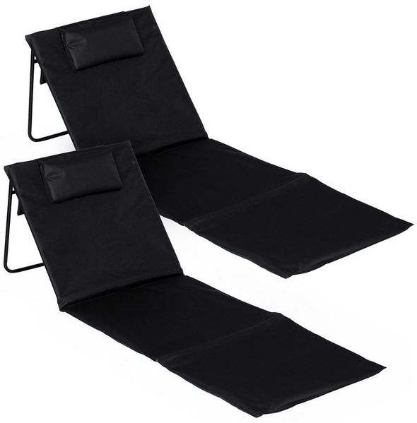 Spetebo Strandmatte 2er Set klappbar mit Verstellbarer Lehne - schwarz - Liegematte faltbar 145x48 cm mit Kopfkissen - Gartenliege Strandliege Sonnenmatte für Garten Camping Picknick Reise Urlaub