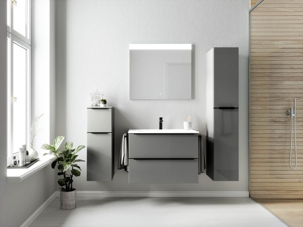 nobilia® Badmöbel-Set Levere, (4-St, vormontiert, mit Soft-Close), Hochglanz, inkl. Spiegel mit Touch-Sensor, in vier Breiten