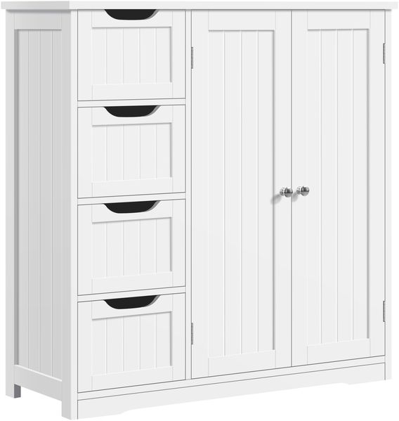 Yaheetech Badezimmerschrank Unterschrank Badkommode mit 4 Schubladen und 2 Türen Badschrank Bodenschrank mit höhenverstellbaren Einlegeboden fürs Badezimmer Wohnzimmer Flur Küche, Weiß