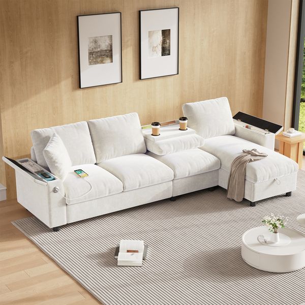 Merax Ecksofa Stoffsofa, L-förmige Ecke und 2 Armlehnen mit Stauraum. Ausklappbarer Couchtisch mit zwei Getränkehaltern, 1 USB und 1 Typ-C, Chenille, Beige