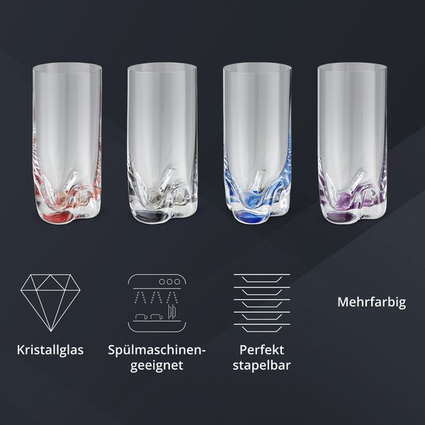 Peill+Putzler Germany 4er Set Longdrinkgläser mit buntem Boden, 300 ml Volumen, mehrfarbige Trinkgläser, Wassergläser in 6 Farben, Coctailgläser, spühlmaschinengeeignet & pflegeleicht