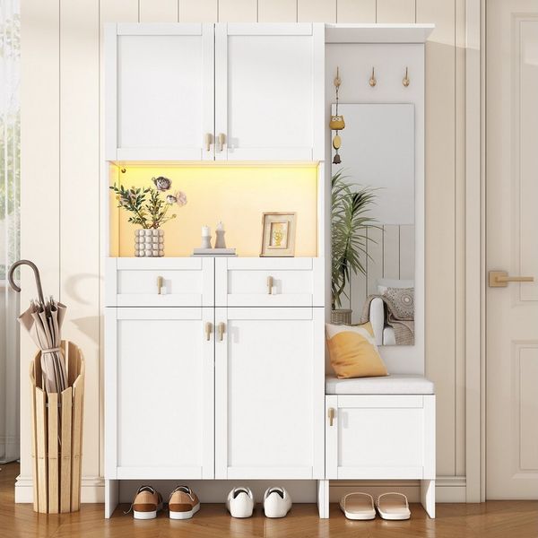 Flieks Garderoben-Set mit Led-Beleuchtung, Schuhschrank, Schuhbank und Spiegel, (1-St, 120x33,5x180 cm), Flurmöbel Kompaktgarderobe mit Schubladen, Haken Weiß