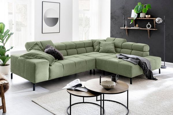 INOSIGN Ecksofa Ancona New, wahlweise motorische Sitztiefenverstellung, auch in Cord, feine Steppung, mit Kopfteilverstellung, 3 Zierkissen, L-Form