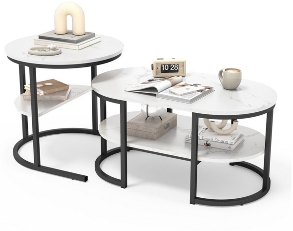 FUROKOY Couchtisch Beistelltisch Sofatisch wohnzimmertisch kaffeetisch 2er set (Runder Tisch Oval), Modern design Couchtisch mit Schwarz beinen,Marmoroptik, Eiche