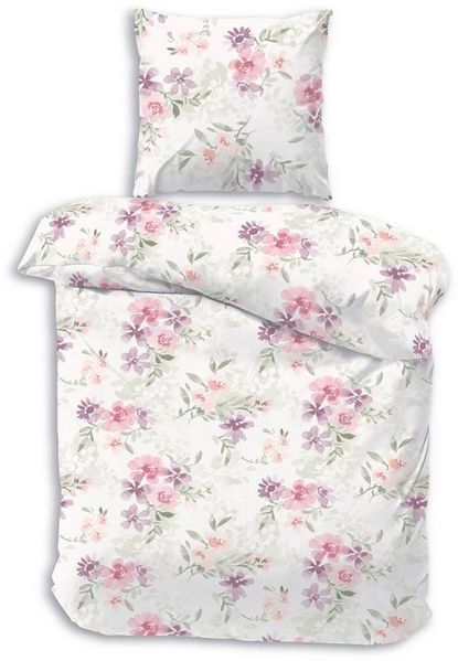 DOBNIG Bettwäsche Flanell, Flanell, 2 teilig, rosa Blümchen, weißer Hintergrund