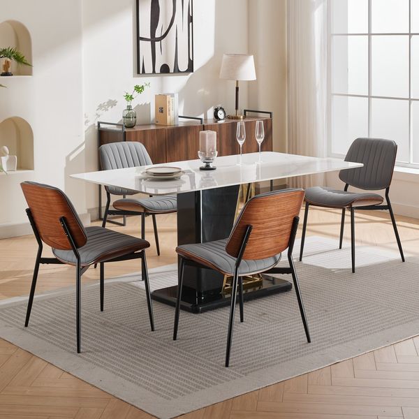 Esszimmerstuhl Grau PU-Leder in Mid-Century-Optik mit Metallbeinen, 2er-Set,H 83.3 x T 57.4 x B 48.3 cm