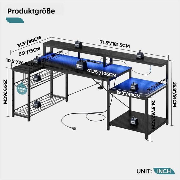 Bestier Gamingtisch 181 x 80 cm Computertisch, L-förmiger Schreibtisch (Gaming Tisch mit 3 AC-Steckdosen und 2 USB-Ladeanschlüssen, Tablett mit Ständer), Extra großer Computertisch mit großzügiger Monitorablage