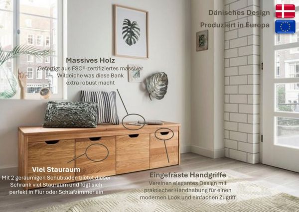 Home affaire Schuhbank Dura Schuhbank incl. Schubladen funktionell und stabil, Massivholz, Skandinavisches Design, Robust, stabil, FSC zertifiziert