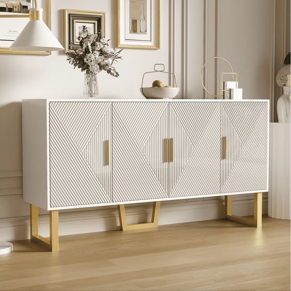 BlingBin Sideboard Moderner Kommode Anrichte Küchenschrank mit 4-Türen (luxuriöser Sideboard mit Höhenverstellbare Regale, MDF & PB, 1 St, 150 x 40 x 82cm, Produktladung: 35 kg), Hochglänzenden Strukturierten Türen und Goldenen Griffen, Weiß