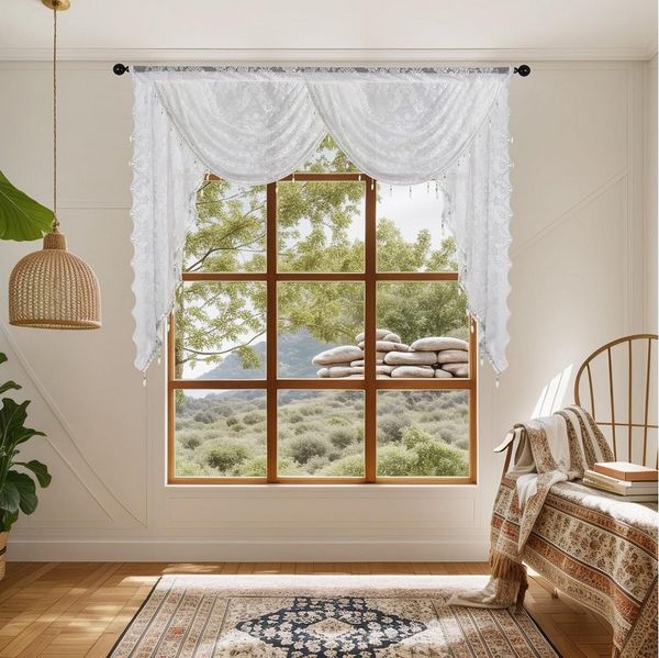 Minicloss Vorhang Boho Vintage Vorhang mit Perlenquasten, halbtransparenter Küchenvorhang mit floraler Stickerei
