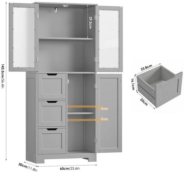 HOMECHO Hochschrank Badezimmerschrank mit 3 Türen und 3 Schubladen