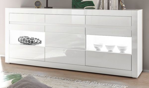 Imv 'Nobile' Sideboard 2 Vitrinenfach, hochglanz weiß / Stone Design grau, 217 x 90 cm