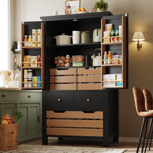 Küchenschrank aus MDF mit 5 Schubladen & 2 Türen, 80x40x140 cm, schwarz