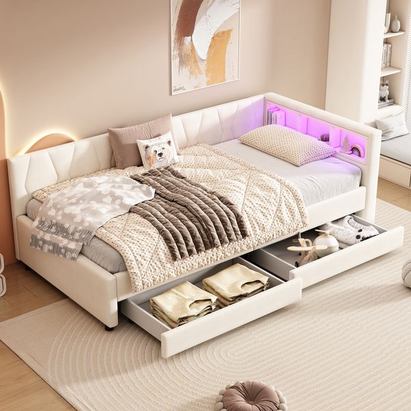 Daybett, Tagesbett Schlafsofa Ablagefach am Bett USB+Typ C Fernbedienung für LED-Umgebungslicht Bett mit zwei Schubladen Bett mit Lattenrost (ohne Matratze), Leinen, Beige, 90 x 200 cm