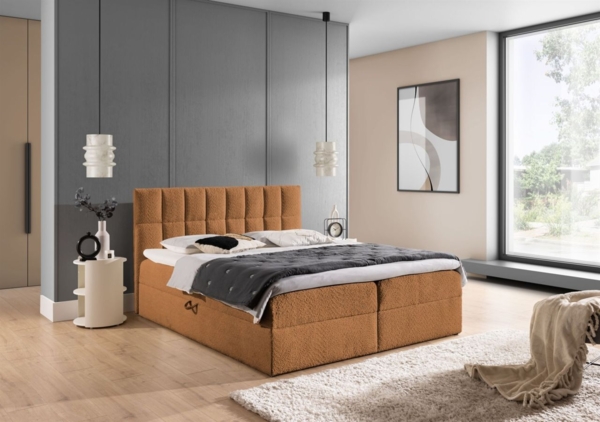 Boxspringbett Schlafzimmerbett DOMINGA PREMIUM 140x200cm Stoff Coral Cognac