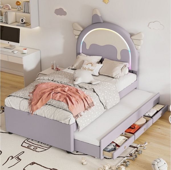 TavilaEcon Kinderbett Cartoon Einhornform Kinderbett Familienbett Jugendbett, PU, ausgestattet mit ausziehbares Rollbett, 90x200cm/90x190cm