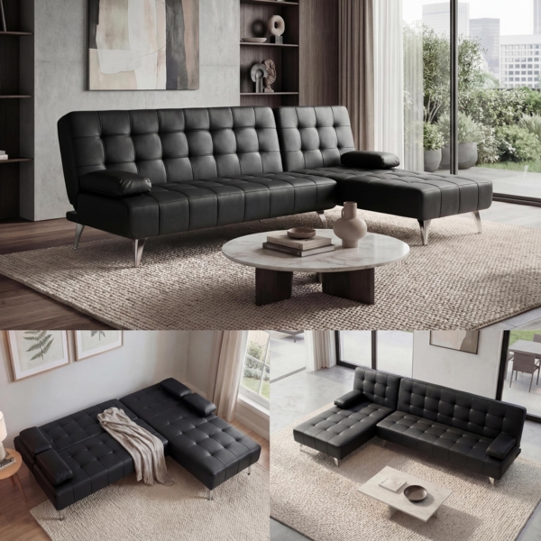 Schlafsofa HWC-K22, Couch Ecksofa Sofa, Liegefläche links/rechts Schlaffunktion 236cm ~ Kunstleder schwarz