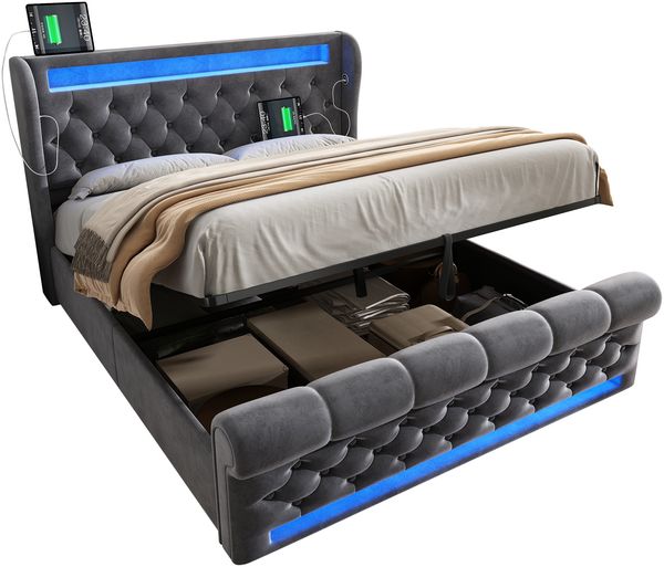 Polsterbett 160×200 cm mit Bettkasten, LED, USB/Type-C, Samt Grau, inkl. Matratze Bild 8