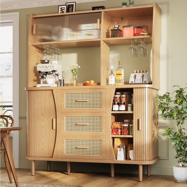 BlingBin Küchenbuffet Buffetschrank mit Glas-Schiebetüren, Glashalter und Rattanoptik (Vitrinenschrank, 1-St, 140 x 40,5 x 174,5 cm) Küchenschrank mit 3 Schubladen, offene Fächer