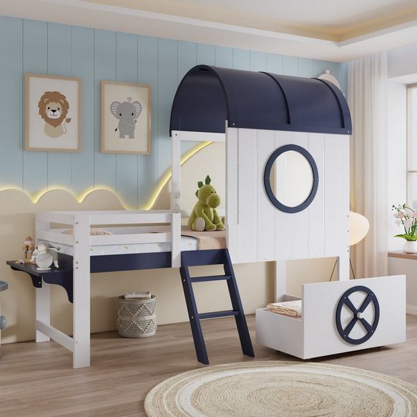 Merax Hochbett (Etagenbett Jugendbett Hausbett Einzelbett, 1-St, Kieferholz) Kinderbett 90x200cm mit Dach Fenster Schublade Schrägleiter Regal