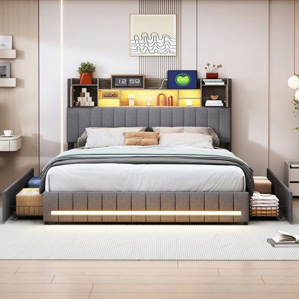 ADWOLT Stauraumbett Polsterbett Doppelbett mit 4 Schubladen und LED-Beleuchtung, Bettgestell mit Lattenrost und USB,Jugendbett 140x200cm,Leinen,Grau