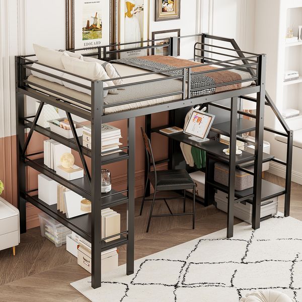 Hochbett Liegefläche 140x200 cm aus Metall in Schwarz mit Schreibtisch, Kleiderschrank, Ablageregal und Sicherheitsleiter