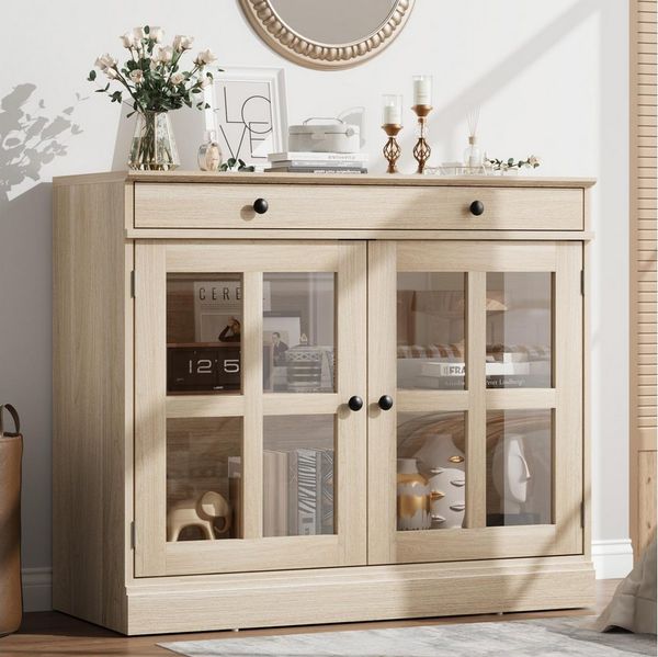 GarveeMore Sideboard Sideboard Küchenschrank Aufbewahrungsschrank mit Glastür