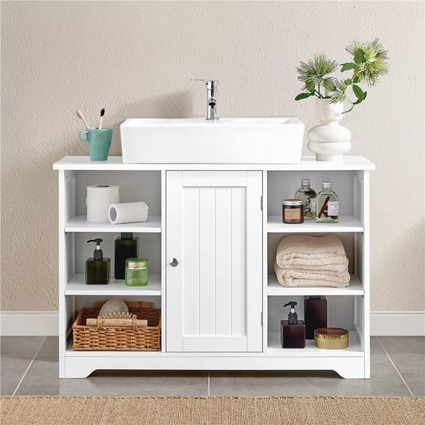 Yaheetech Waschbeckenschrank, mit offenen Ablagefächern, Einlegeboden verstellbar, Holz Weiß, 90 x 30 x 60 cm