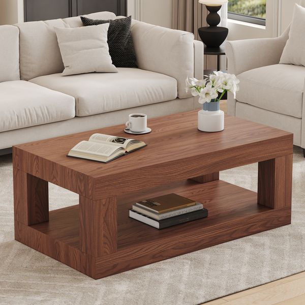 Couchtisch im Industrie-Design, rechteckig, zweistufig, aus MDF in Walnussoptik mit offener Ablage