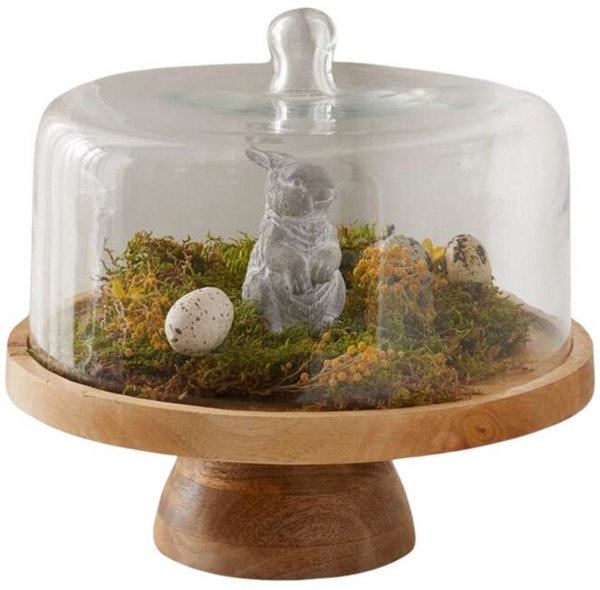 Dekoleidenschaft Käseglocke "Rund" Servierplatte aus Mangoholz mit Haube aus Glas, Holzteller, mit Glasglocke, Servierbrett, Kuchenplatte, Dekoteller, Tortenhaube