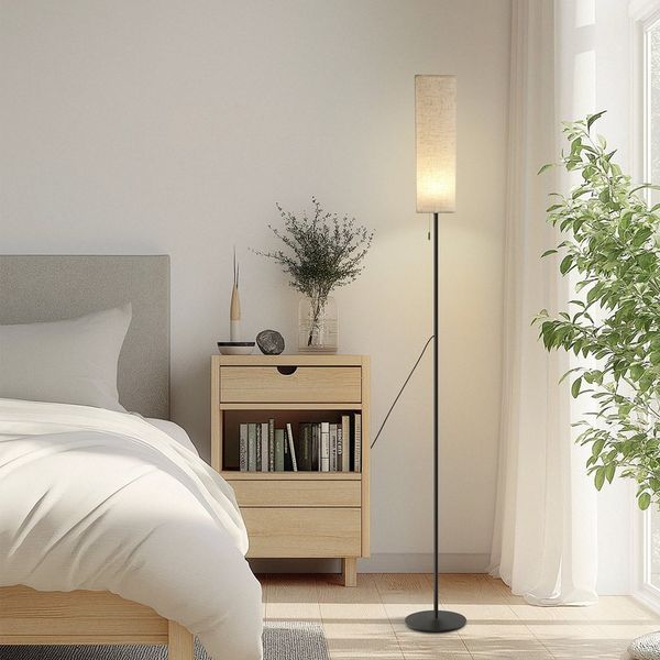 ZMH LED Stehlampe Dimmbar Retro Standleuchte Stoffschirm Wohnzimmer mit Seilzugschalter, Augenschutz, Einfache Installtion, Beige Lampenschirm Retro Stoff Leselampe für Schlafzimmer