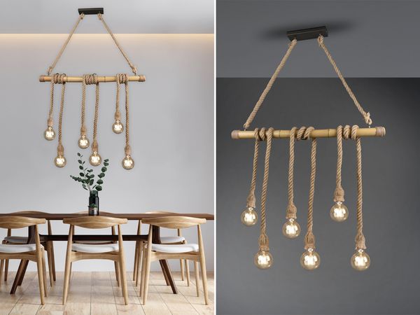 LED Holzbalken Pendelleuchte 6-flammig mit Bambusrohr & Tau, Breite 100cm