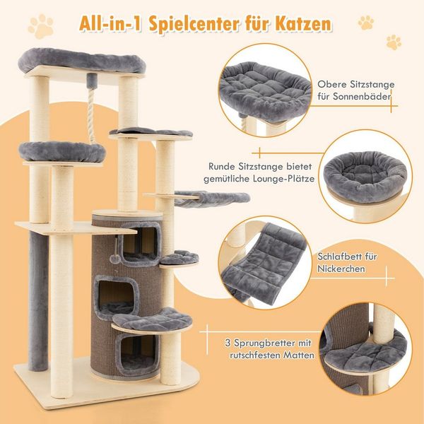 KOMFOTTEU Kratzbaum, aus Holz mit Sitzfläche Oben, 3-stöckiger Katzenhöhle