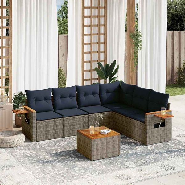 vidaXL 7-tlg. Garten-Sofagarnitur mit Kissen Grau Poly Rattan 3226852