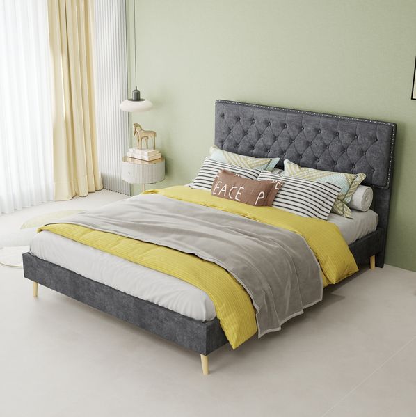 Bettgestell 140x200 cm aus Stoff und Metall mit hohem Kopfteil, Stauraum unter dem Bett, Grau