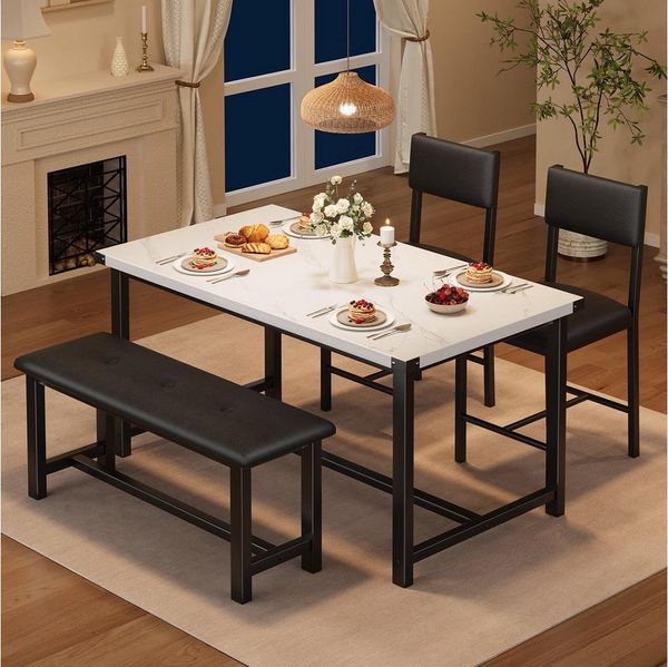 GarveeMore Essgruppe für 4,Esstisch mit 2 gepolsterten Stühlen und Bank, Holzküchen-Esszimmer-Set,für kleine Räume,Wohnung,Haus,Küche