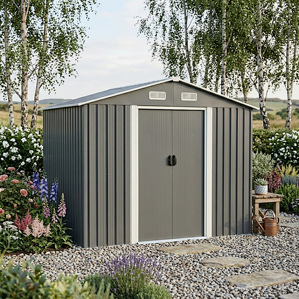 Gartenhaus Gerätehaus 486 x 257 x 178 cm Metall Geräteschuppen Fundament Hellgrau