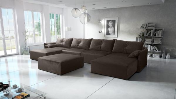 Wohnlandschaft mit Schlaffunktion HUNTER in Stoff Royal Dunkelbraun Inkl. Hocker