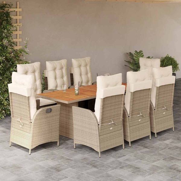 vidaXL 9-tlg. Garten-Essgruppe mit Kissen Beige Poly Rattan 3213147